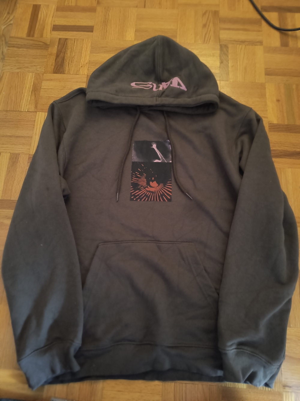 Vans Black Brown Limited Edition Hoodie with Pink Script and Graphic Patch